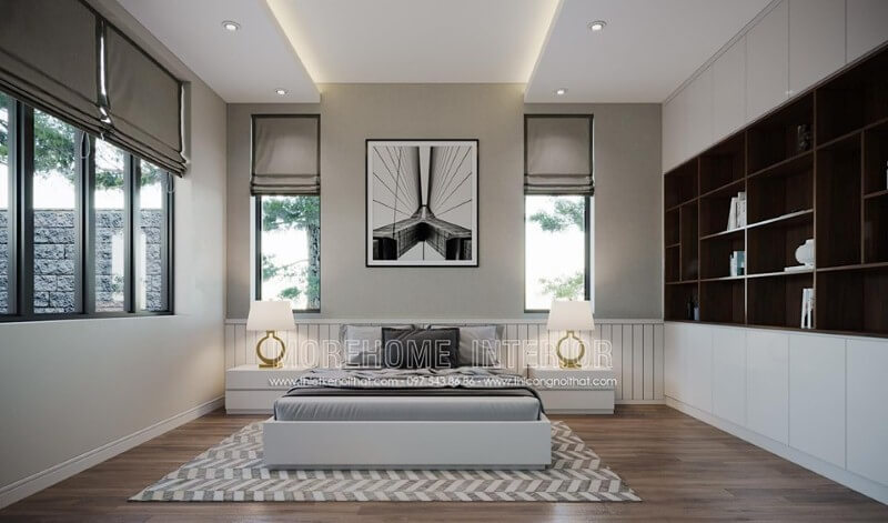 Bố trí phòng ngủ với hệ cửa số nhiều, rộng giúp phòng ngủ hiện đại trở nên thông thoáng hơn. Thiết kế nội thất phòng ngủ biệt thự