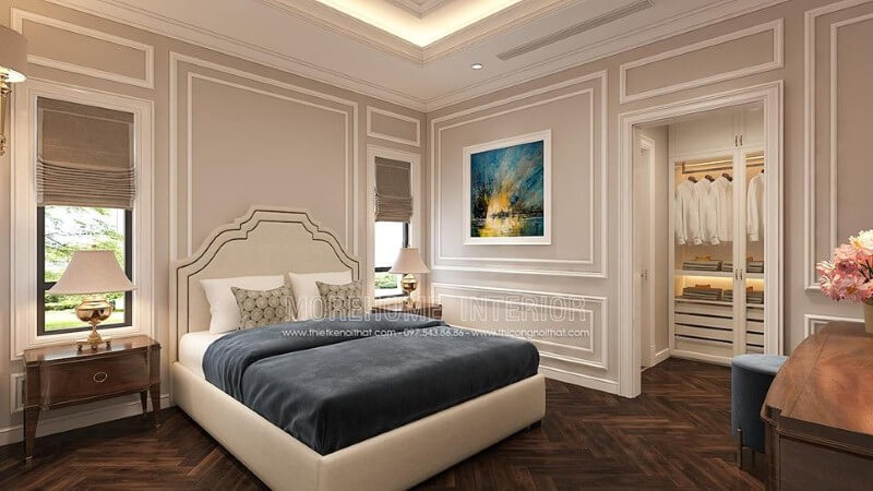 Sắp xếp nội thất phòng ngủ tân cổ điển có tủ quần áo đẹp, sang trọng. Thiết kế nội thất phòng ngủ biệt thự