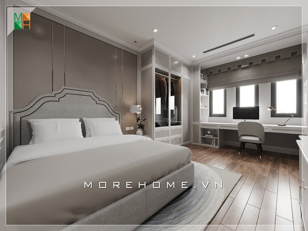 Thiết kế một cái kệ gỗ công nghiệp hiện đại vừa dài lại có tính năng giống bàn được đặt ở ngay gần cửa sổ của căn phòng giúp căn phòng trở nên tiện nghi và cuốn hút. Thiết kế nội thất phòng ngủ biệt thự