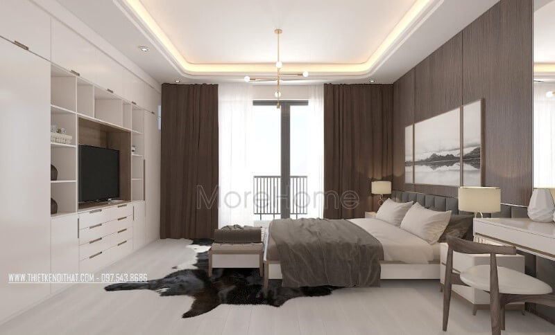 Trang trí nội thất phòng ngủ master hiện đại đẹp và thông thoáng với cửa kính chiếm trọn mảng tường để bạn có thể tận hưởng cảm giác tuyệt vời từ thiên nhiên. Thiết kế nội thất phòng ngủ biệt thự