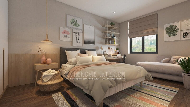 Thiết kế phòng ngủ ấn tượng với cách trang trí độc đáo từ những mảng lớn đơn sắc kết hợp cùng họa tiết điểm nhấn tạo nên nét đẹp sinh động, trẻ trung cho không gian. Mẫu nội thất biệt thự đẹp