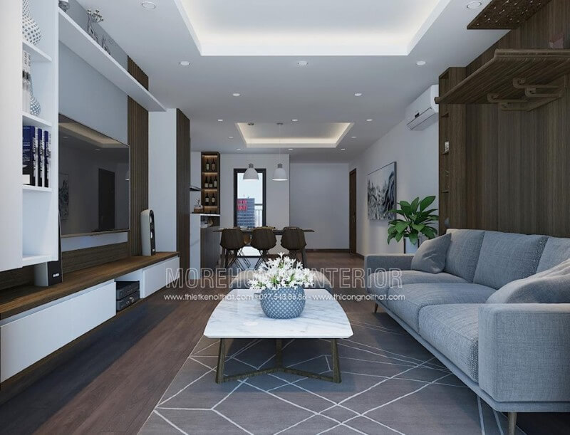 Thiết kế nội thất phòng khách chung cư với đồ nội thất gỗ công nghiệp hiện đại Thiết kế phòng khách chung cư hiện đại