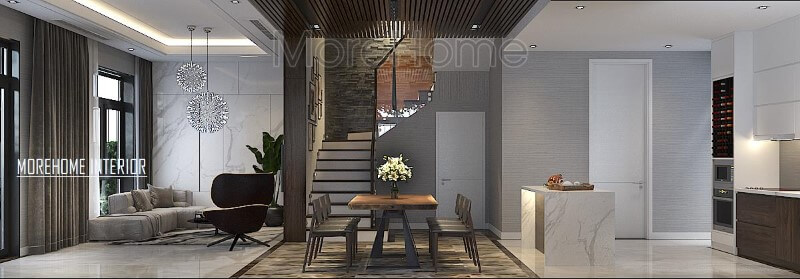 Thiết kế phòng khách, bếp ăn hiện đại độc lập nhưng không sử dụng rèm che giúp không gian trở nên thông thoáng, rộng rãi. Mẫu nội thất biệt thự đẹp