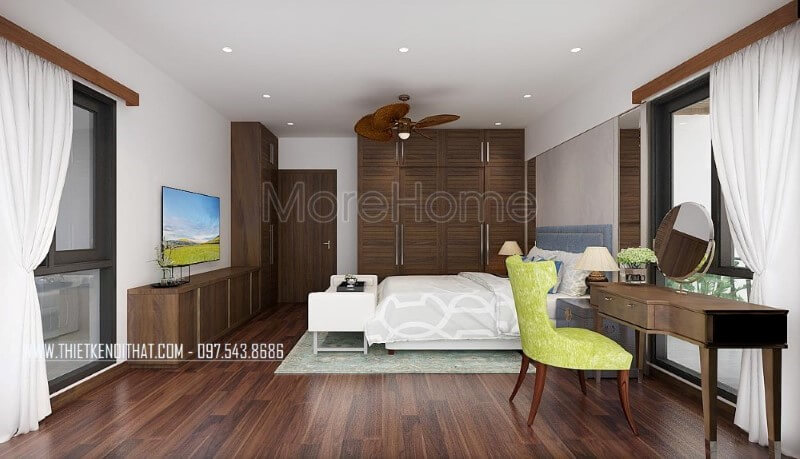 Nội thất phòng ngủ vợ chồng gỗ óc chó trở thành điểm nhấn bởi vẻ đẹp hoàn hảo được tôn lên từ Sàn gỗ, bộ bàn ghế trang điểm, tủ quần áo, kệ tivi, cửa gỗ. Mẫu nội thất biệt thự đẹp