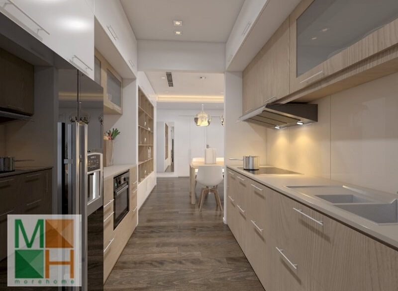 Thiết kế phòng bếp chung cư đẹp với hệ tủ bếp gỗ công nghiệp hiện đại,thông minh