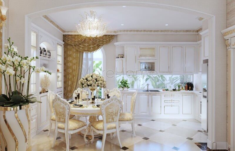 Khu vực phòng ăn biệt thự được thiết kế theo xu hướng mở, góp phần tạo nên cảm giác rộng rãi hơn cho không gian dùng bữa của gia chủ.